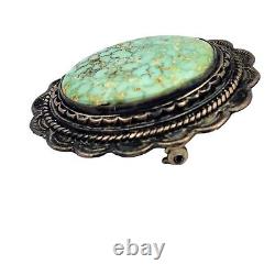 Native American Navajo Green Turquoise Silver Brooch LARGE Stone Hand Signed