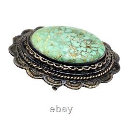 Native American Navajo Green Turquoise Silver Brooch LARGE Stone Hand Signed