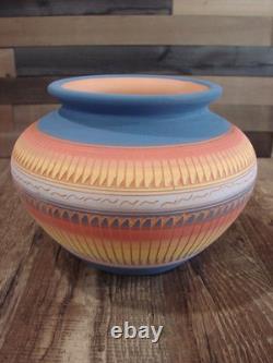 Native American Navajo Hand Etched & Hand Painted Pottery Charlie