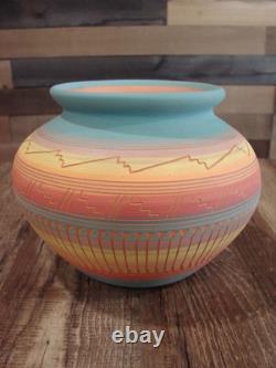 Native American Navajo Hand Etched & Hand Painted Pottery Charlie