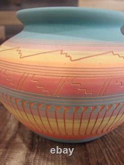 Native American Navajo Hand Etched & Hand Painted Pottery Charlie