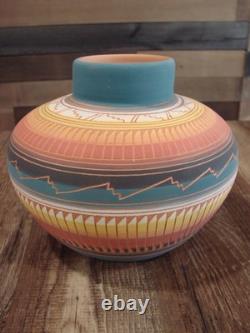 Native American Navajo Hand Etched & Hand Painted Pottery Charlie