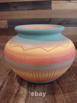 Native American Navajo Hand Etched & Hand Painted Pottery Charlie