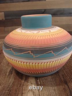 Native American Navajo Hand Etched & Hand Painted Pottery Charlie