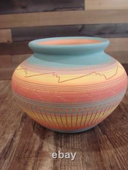 Native American Navajo Hand Etched & Hand Painted Pottery Charlie