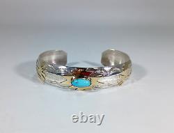 Native American Navajo Handmade Kokopelli Cuff/Bracelet Sterling Silver, 12kt GF