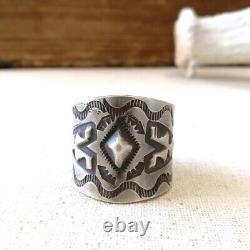 Native American Navajo Handmade Stamped Thick Sterling Silver Men Ring Size 10.5