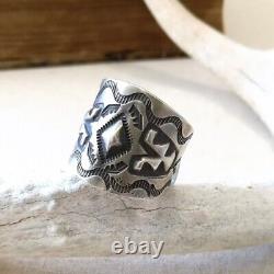 Native American Navajo Handmade Stamped Thick Sterling Silver Men Ring Size 10.5