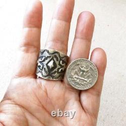 Native American Navajo Handmade Stamped Thick Sterling Silver Men Ring Size 10.5