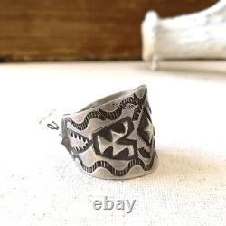Native American Navajo Handmade Stamped Thick Sterling Silver Men Ring Size 10.5