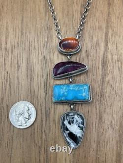 Native American Navajo Handmade Sterling Silver Multi Color Necklace 18 Inch