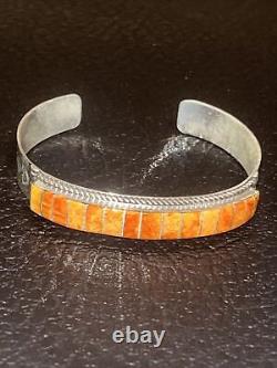 Native American Navajo Handmade Sterling Silver Spiny Oyster Inlay Bracelet