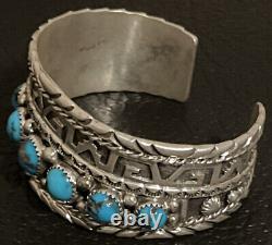 Native American Navajo Handmade Sterling Silver Turquoise Cuff Bracelet -Spencer