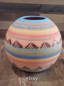 Native American Navajo Indian Hand Etched & Hand Painted Pottery Charlie