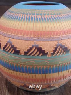 Native American Navajo Indian Hand Etched & Hand Painted Pottery Charlie