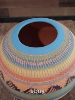 Native American Navajo Indian Hand Etched & Hand Painted Pottery Charlie