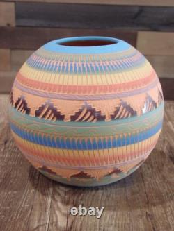 Native American Navajo Indian Hand Etched & Hand Painted Pottery Charlie