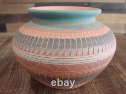 Native American Navajo Indian Hand Etched & Hand Painted Pottery M. Charlie