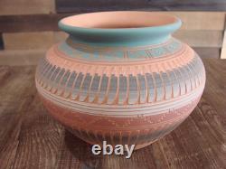 Native American Navajo Indian Hand Etched & Hand Painted Pottery M. Charlie