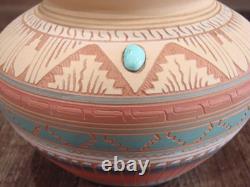 Native American Navajo Indian Hand Etched & Hand Painted Pottery Valencia