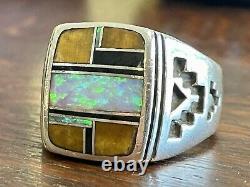 Native American Navajo Inlaid Opal, onyx, And Tigers Eye Sterling Silver Ring