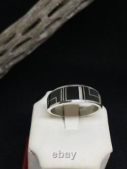Native American Navajo Inlay Jet Sterling Silver Ring Size 13.5
