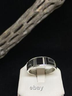 Native American Navajo Inlay Jet Sterling Silver Ring Size 13.5