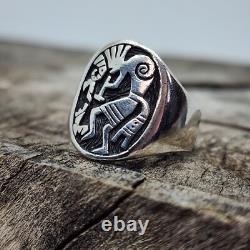 Native American Navajo Kokopelli Overlay Sterling Silver Mens Ring Size 11.5