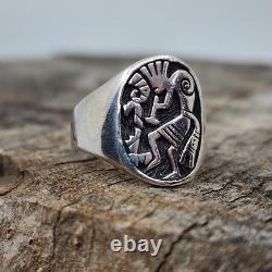 Native American Navajo Kokopelli Overlay Sterling Silver Mens Ring Size 11.5