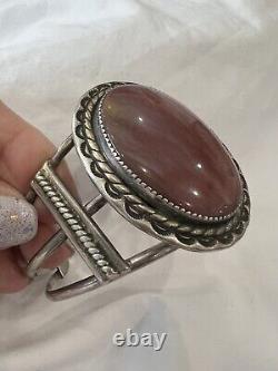 Native American Navajo Leonard Notah Rhodochrosite Sterling Silver Cuff Bracelet