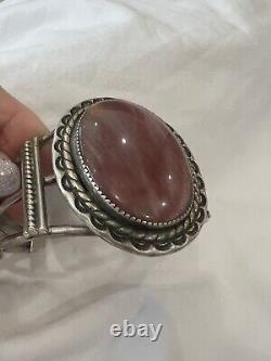 Native American Navajo Leonard Notah Rhodochrosite Sterling Silver Cuff Bracelet