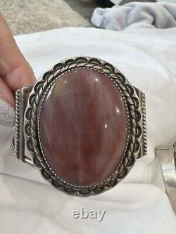 Native American Navajo Leonard Notah Rhodochrosite Sterling Silver Cuff Bracelet