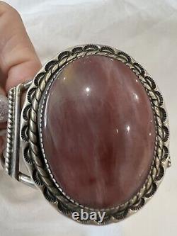 Native American Navajo Leonard Notah Rhodochrosite Sterling Silver Cuff Bracelet