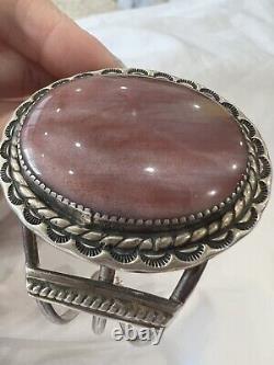 Native American Navajo Leonard Notah Rhodochrosite Sterling Silver Cuff Bracelet