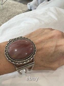 Native American Navajo Leonard Notah Rhodochrosite Sterling Silver Cuff Bracelet