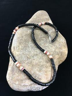 Native American Navajo MOP Black Onyx Spiny Sterling Silver Necklace 18 10012