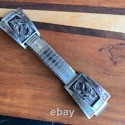 Native American Navajo M. C. Horse Sterling Silver Mother of Pearl Watch Bracelet