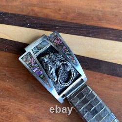 Native American Navajo M. C. Horse Sterling Silver Mother of Pearl Watch Bracelet