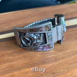 Native American Navajo M. C. Horse Sterling Silver Mother of Pearl Watch Bracelet