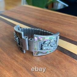 Native American Navajo M. C. Horse Sterling Silver Mother of Pearl Watch Bracelet