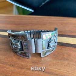 Native American Navajo M. C. Horse Sterling Silver Mother of Pearl Watch Bracelet