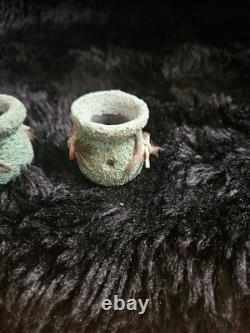 Native American Navajo Made Fetish Pot Set Crushed Turquoise/mother Pearl Fetish