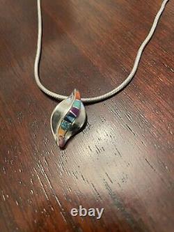 Native American Navajo Multi Gemstone Swirled 925 Pendantand Chain