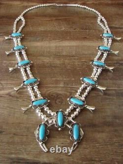 Native American Navajo Nickel Silver Turquoise Squash Blossom Necklace Signed BC