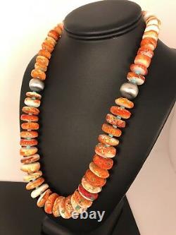 Native American Navajo Orange Spiny Oyster Turquoise Sterling Silver Necklace 22