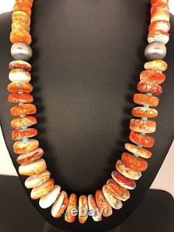 Native American Navajo Orange Spiny Oyster Turquoise Sterling Silver Necklace 22