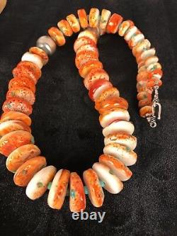 Native American Navajo Orange Spiny Oyster Turquoise Sterling Silver Necklace 22