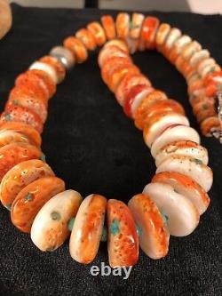 Native American Navajo Orange Spiny Oyster Turquoise Sterling Silver Necklace 22
