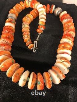 Native American Navajo Orange Spiny Oyster Turquoise Sterling Silver Necklace 22