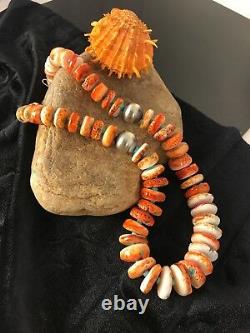 Native American Navajo Orange Spiny Oyster Turquoise Sterling Silver Necklace 22